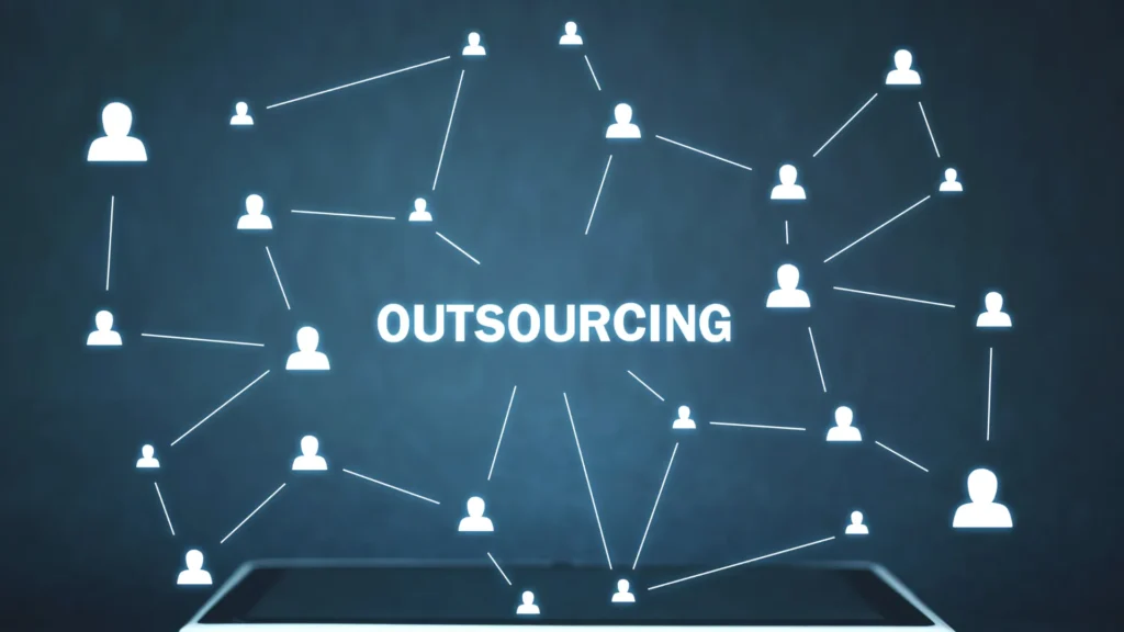 A digital network with multiple connections symbolizing outsourcing relationships.