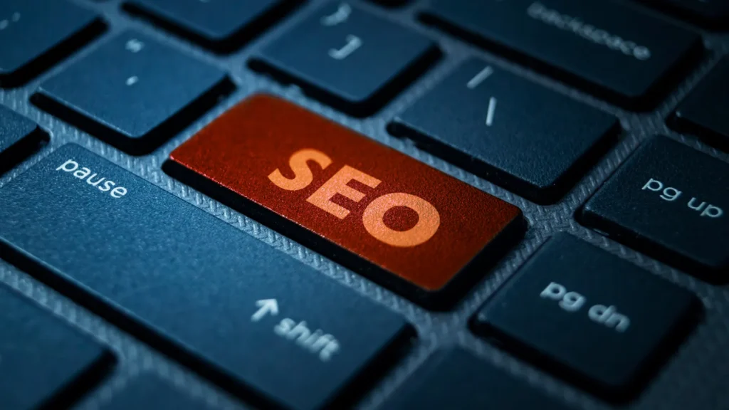 A close-up of a laptop keyboard with a red "SEO" key, symbolizing search engine optimization