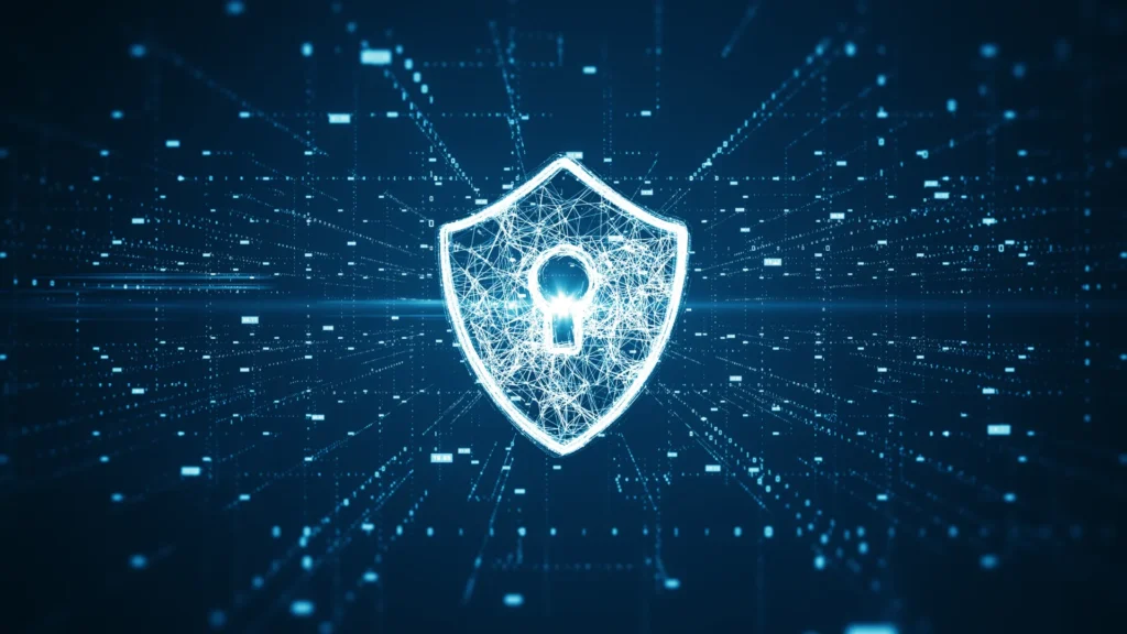 Digital shield representing protection with interconnected nodes, symbolizing the importance of Cyber Security SEO
